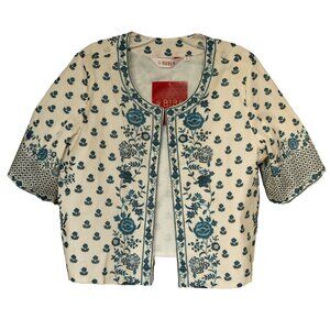 Biba Crop Jacket Cream Blue Floral Bohemian Boho Lightweight Bolero Fully LIned